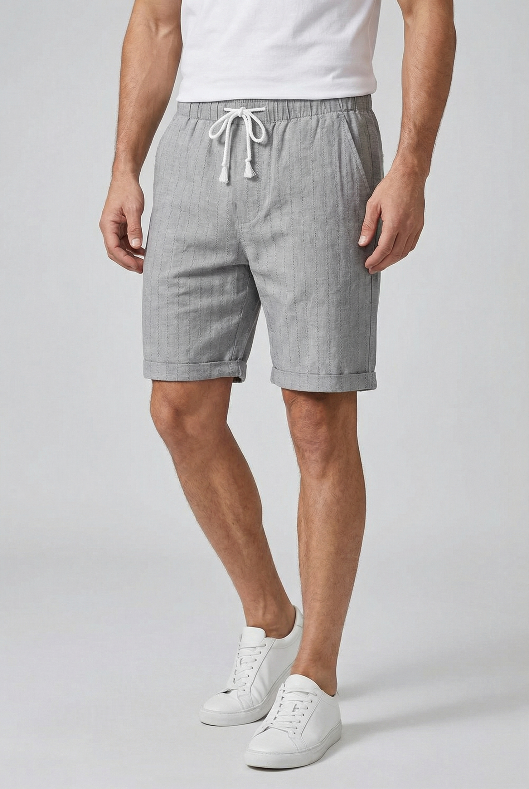 Herre Shorts Linned Blandt Elastisk Talje Stribet Design Med Sidelommer 6